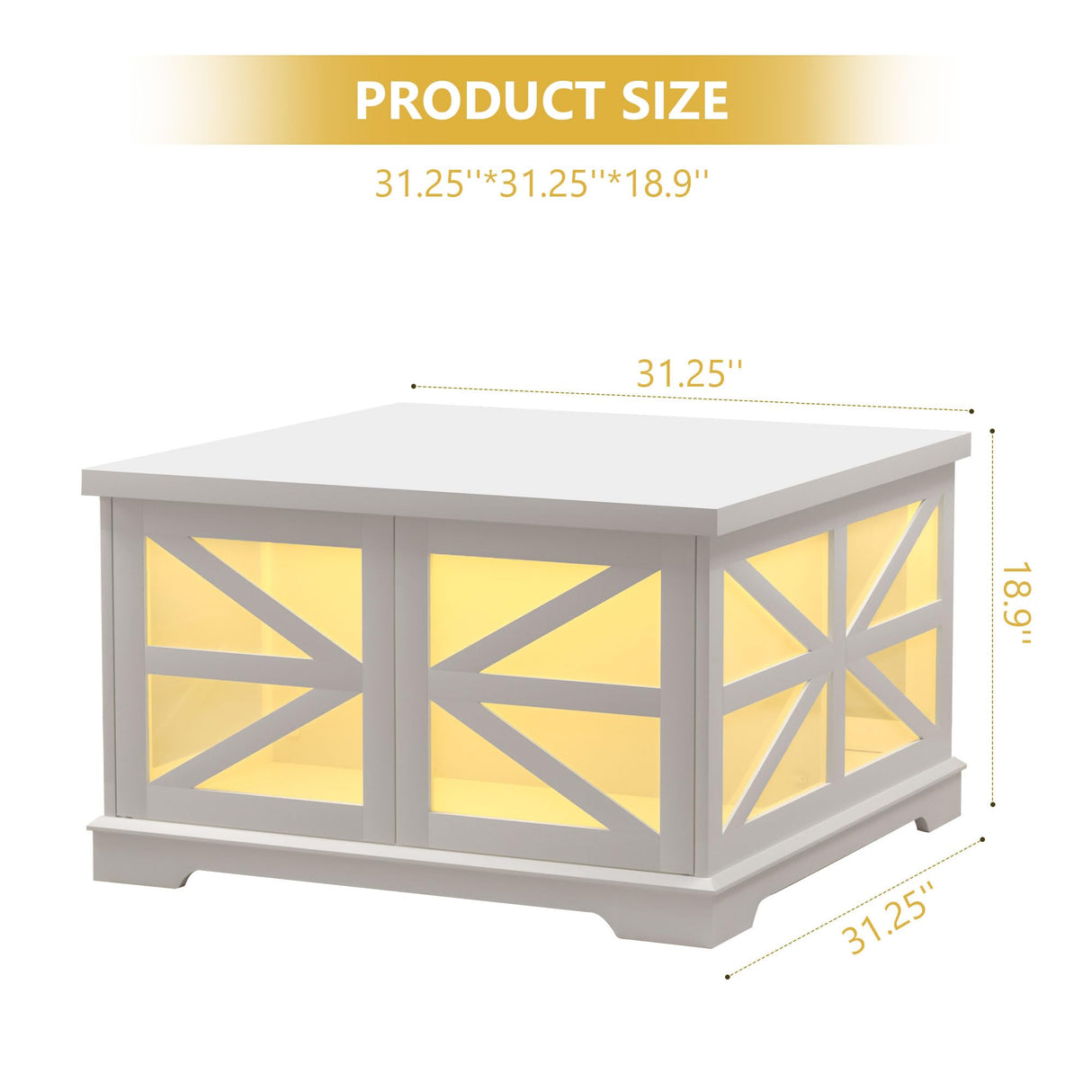 Farmhouse LED Coffee Table for Living Room, Modern Square Coffee Table with Storage, White Coffee Table Decor, Small Wood Coffee Table, Unique Coffee Cabinet for Office, Reception Room yesasin