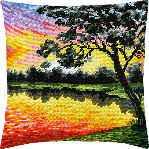 Brvsk Landscape Embroidery Kit for Adults and Beginners — Sunset 16″ × 16″ with Clear, Precise Printed Design on Cotton Canvas; Includes 2 Needles, Yarn, and Easy-Read Chart