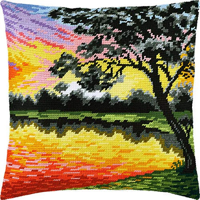 Brvsk Landscape Embroidery Kit for Adults and Beginners — Sunset 16″ × 16″ with Clear, Precise Printed Design on Cotton Canvas; Includes 2 Needles, Yarn, and Easy-Read Chart