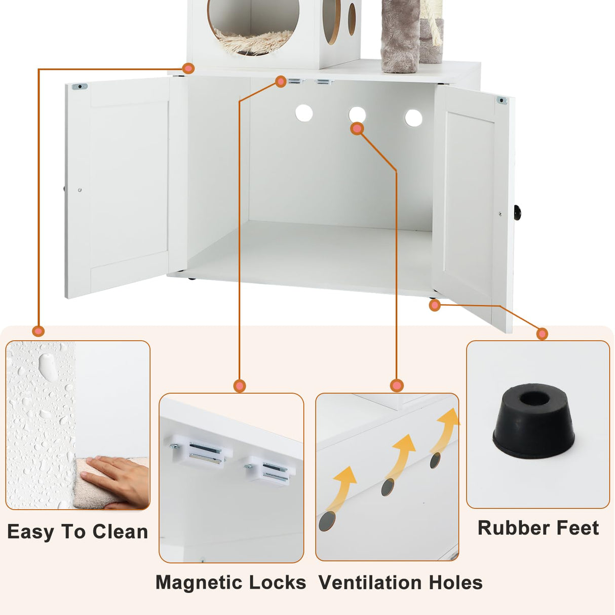 Timberer Cat Tree with Litter Box Enclosure, 2-in-1 Cat Tower for Indoor Cats, Large Cat Furniture, Wood Cat Condo with Basket, Scratching Posts, Pompoms, White Timberer