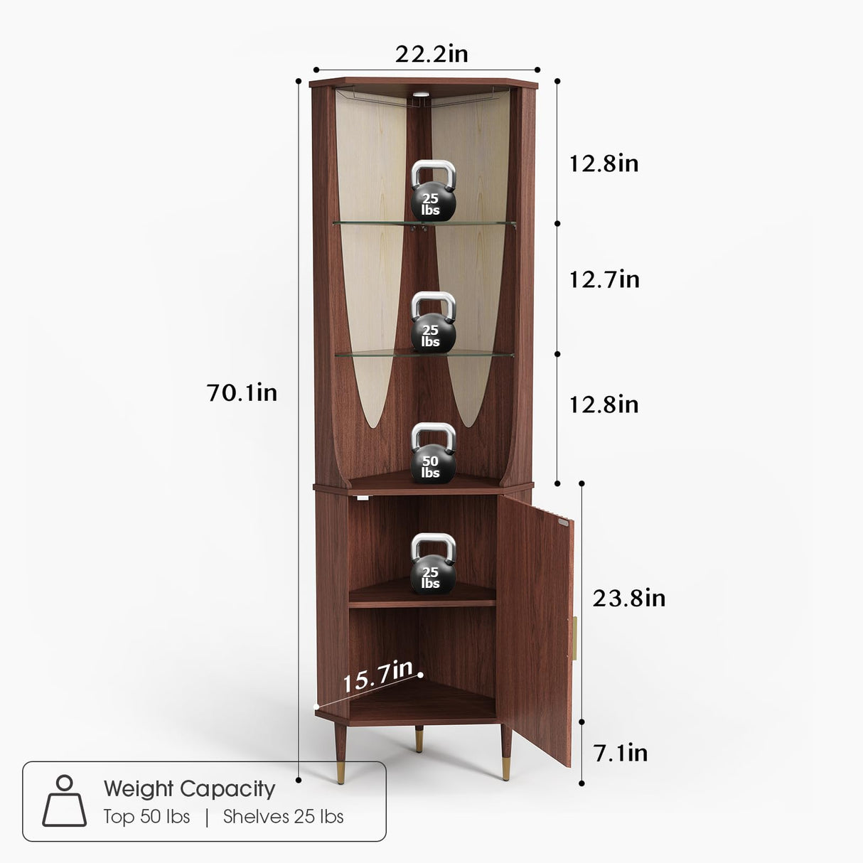 70" Tall Corner Cabinet, Mid Century Modern Cabinet with Doors, Fluted Corner Bar Cabinet with Glass Holder, Lights and Storage Shelves, Wine Bar Cabinet for Liquor, Living Room, Kitchen, Walnut JOINICE