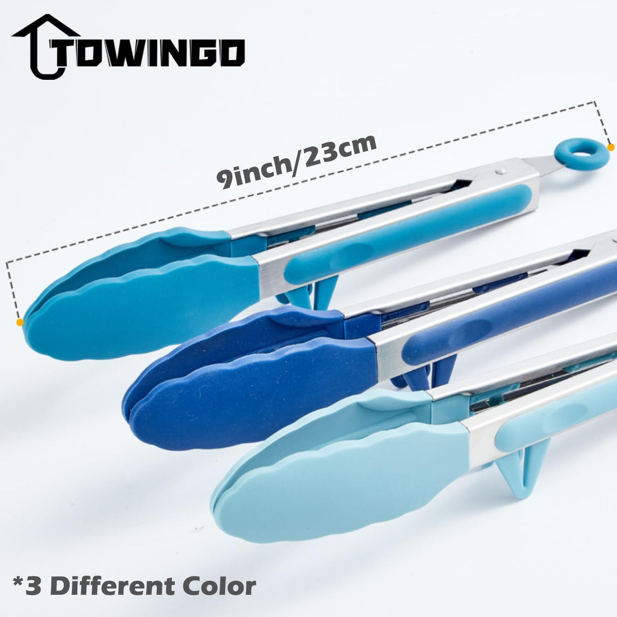 9" Kitchen Tongs, 3Pcs Tongs for Cooking with Silicone Tips, Food Grade Small Silicone Tongs, Mini Serving Tongs for BBQ Salad(Gradient Blue) TOWINGO