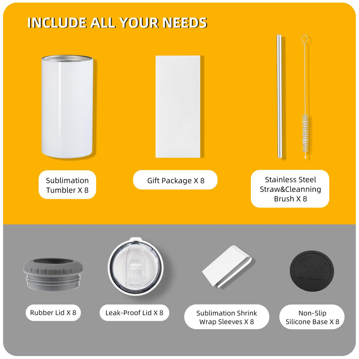 MURRICON 16 oz Sublimation Tumblers Blanks Straight,4-in-1 Sublimation Skinny Can Cooler,Stainless Steel Insulated Sublimation Tumblers,with Lid and Straw,8 Pack MURRICON