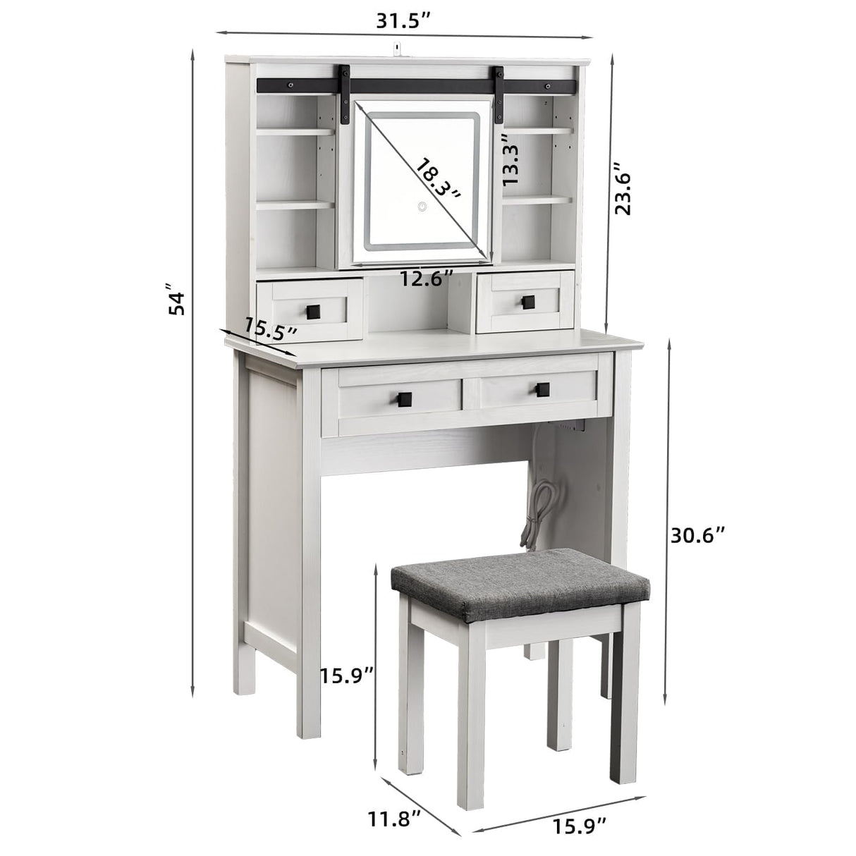MECHYIN Farmhouse Makeup Vanity Desk with Sliding Mirror, Vanity Set with Stool & Charging Station & 3 Brightness Lights, Ample Storage, Dressing Table for Women Girls Bedroom, White MECHYIN