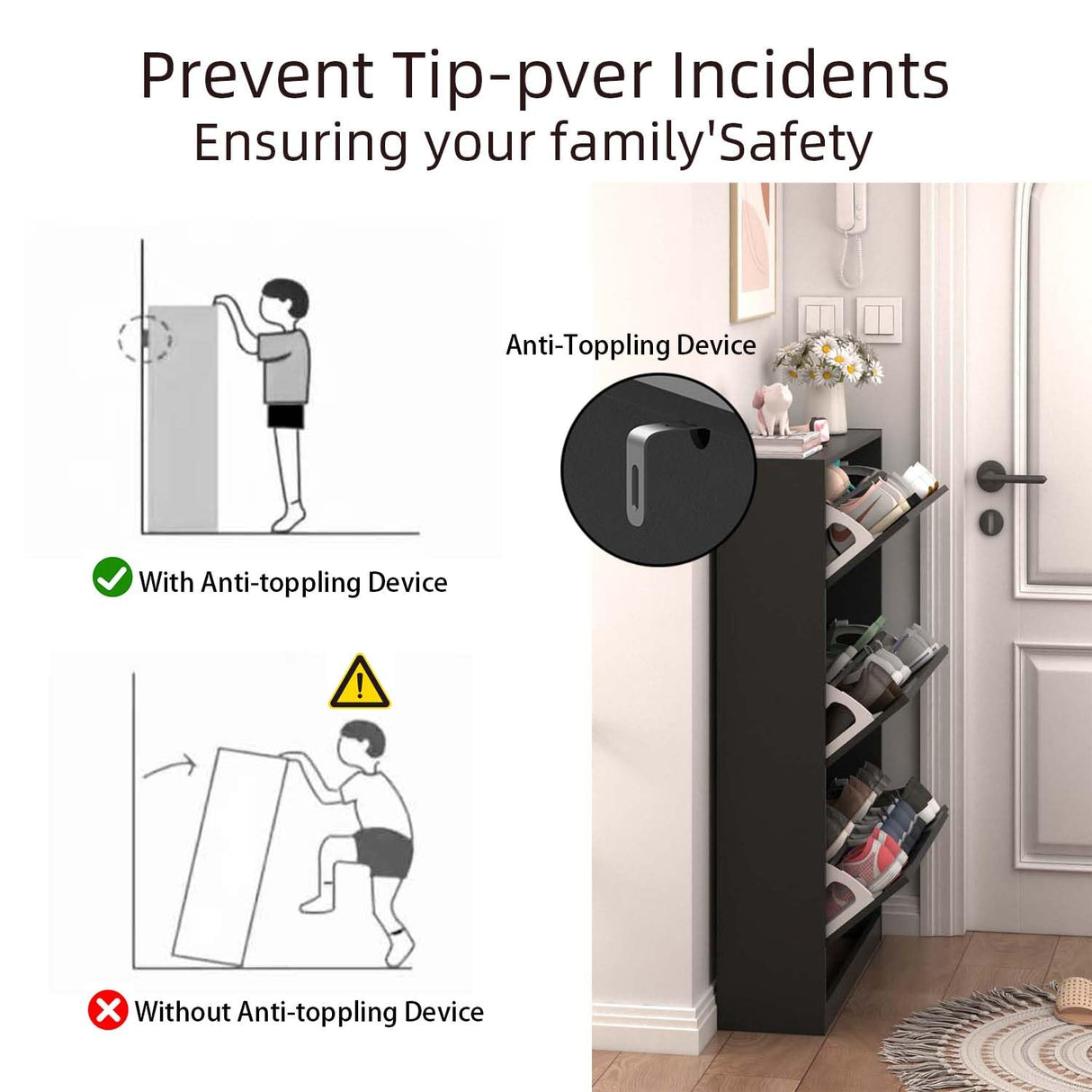 Wodeer Shoe Cabinet with 3 Flip Drawers,Wood Entryway Shoe Storage Cabinet,Freestanding Shoe Rack Storage Organizer for Entryway, Hallway, Black,9.33" D x 31.5" W x 47.2" H… Wodeer