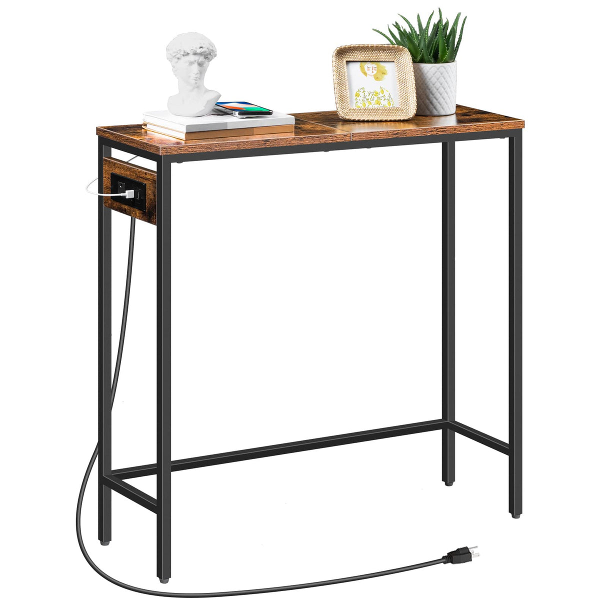HOOBRO Narrow Console Table with Power Outlets, 29.5" Small Entryway Table with Charging Station, Thin Sofa Table, Side Table, for Hallway, Bedroom, Living Room, Rustic Brown and Black BF75UXG01 HOOBRO