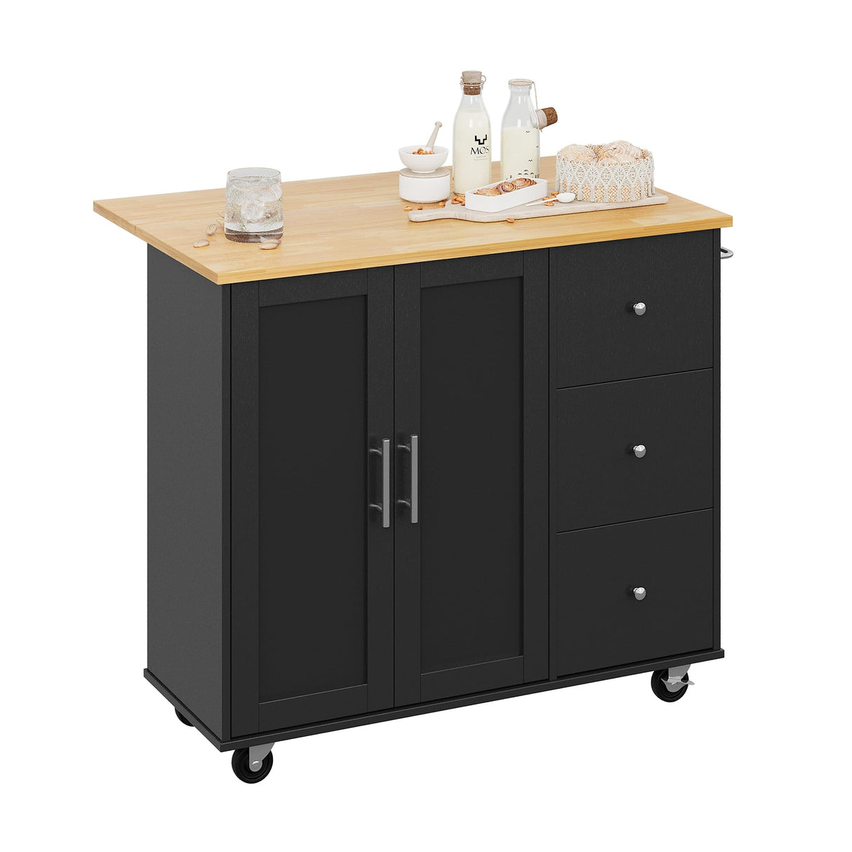 Shintenchi Rolling Kitchen Island Cart with Folding Drop Leaf Breakfast Bar, Portable Trolley Island with Large Storage Cabinet, Shelf and Drawer, Black Shintenchi