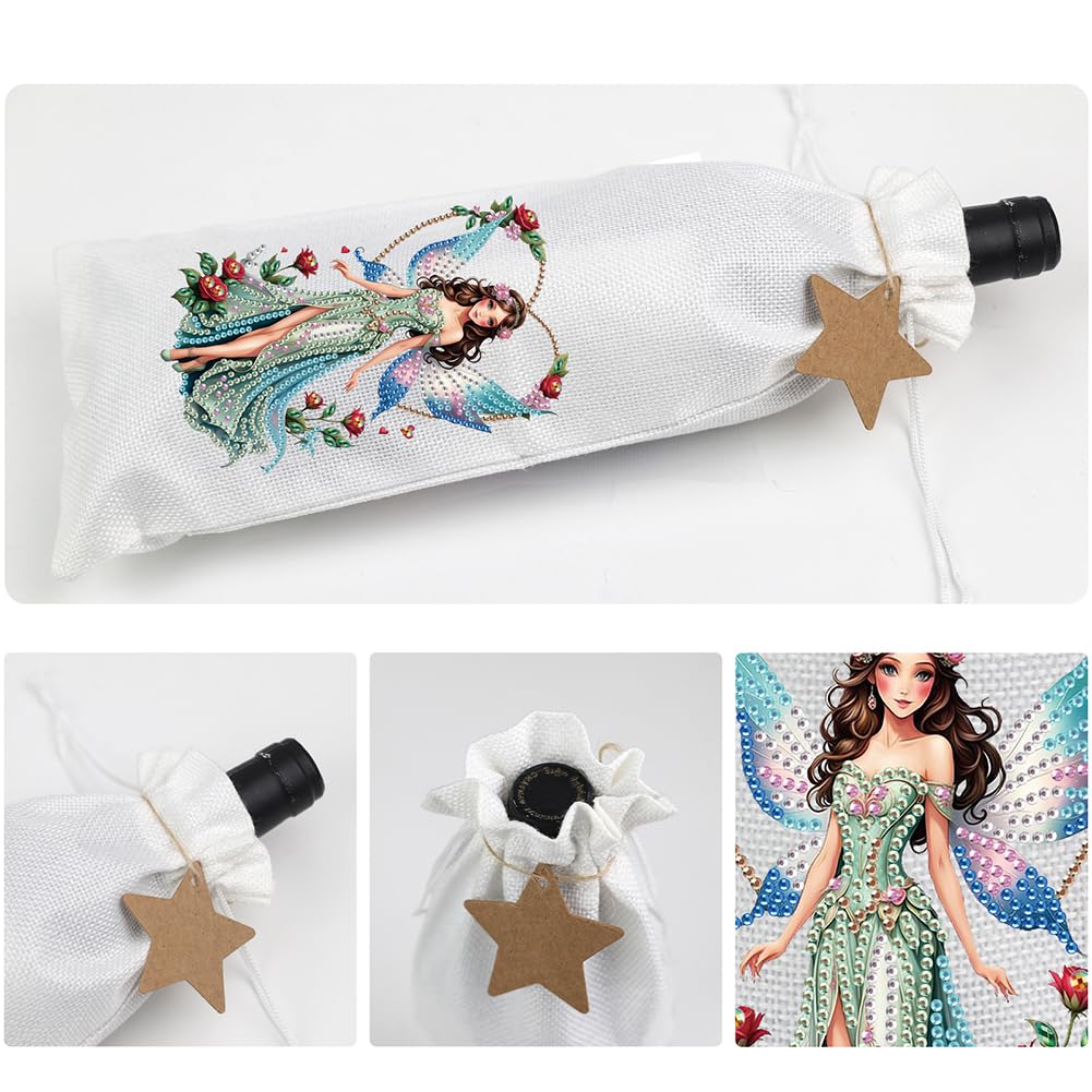 Diamond Art Painting Wine Bottle Gift Bags Kit DIY Linen Wine Wrapping Bags with Diamond Art Design, Champagne Decorative Bags for Christmas, Weddings, Birthdays, and Parties (Fairy) WoodArtSupply