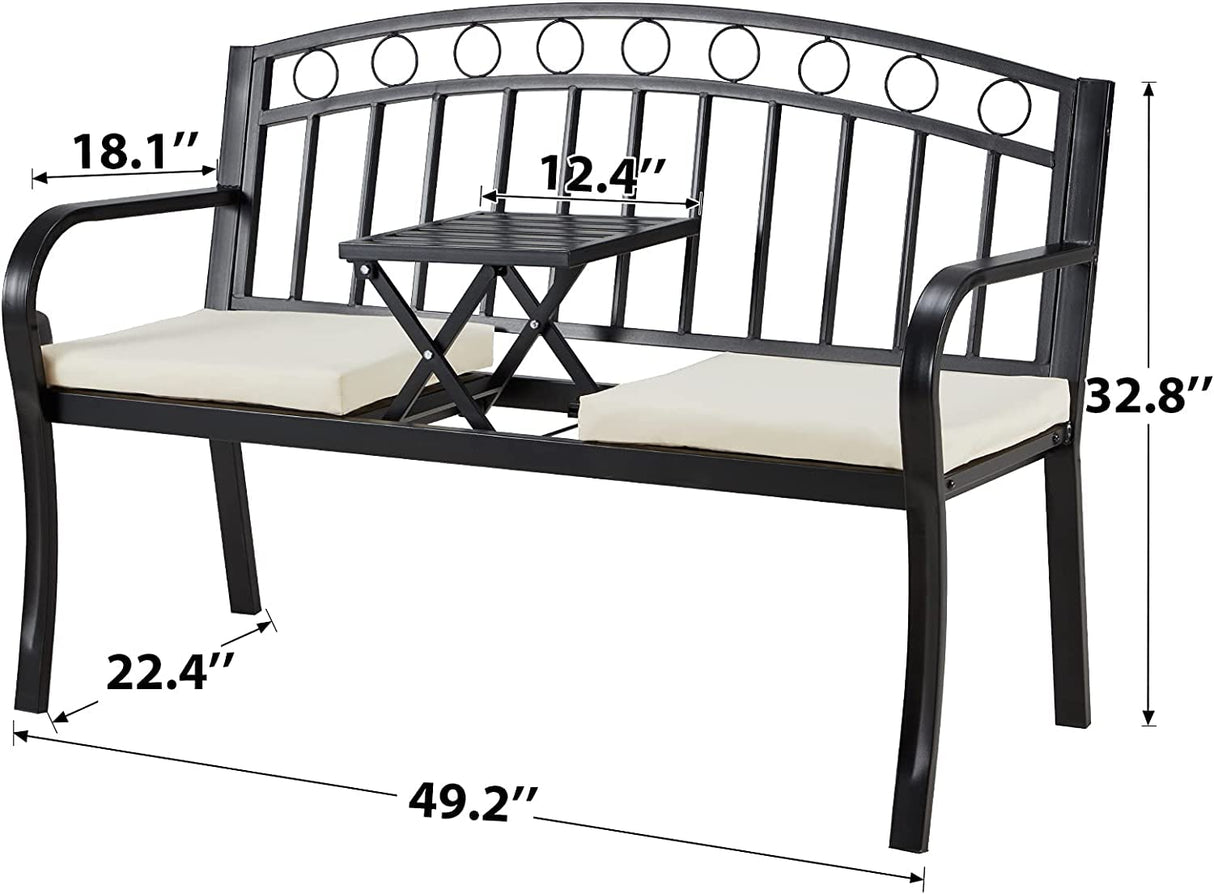 AVAWING Outdoor Metal Garden Bench, 2-Seat Patio Porch Bench with Steel Frame, Park Bench w/Pullout Middle Table& Cushion for Backyard Lawn Deck Entryway, Black AVAWING
