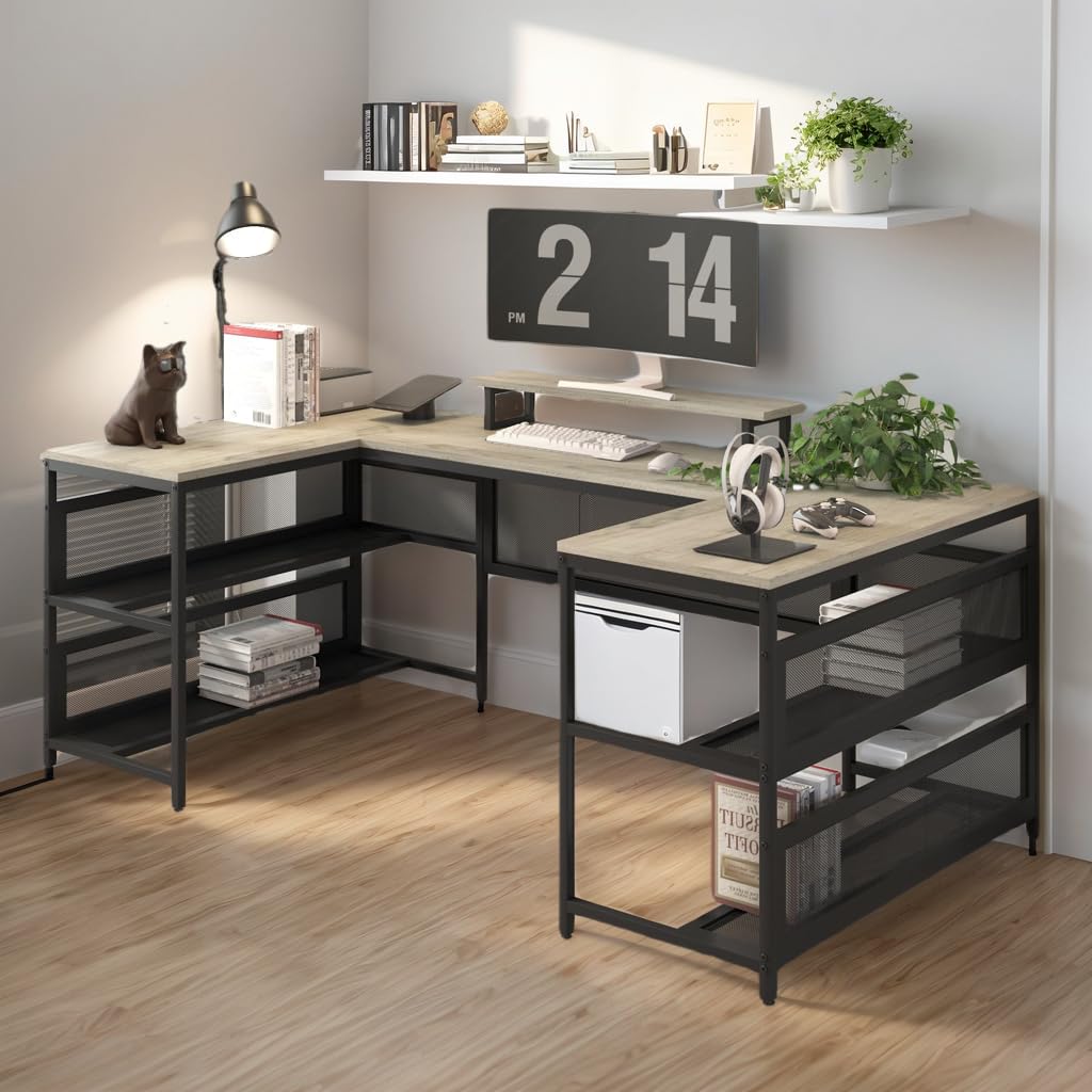 AYUYK U Shaped Gaming Desk, Reversible L Shaped Computer Desk with Shelve & LED Lights, Corner Gaming Desk with Monitor Stand & Storage Shelves for Home Office (Gray) AYUYK