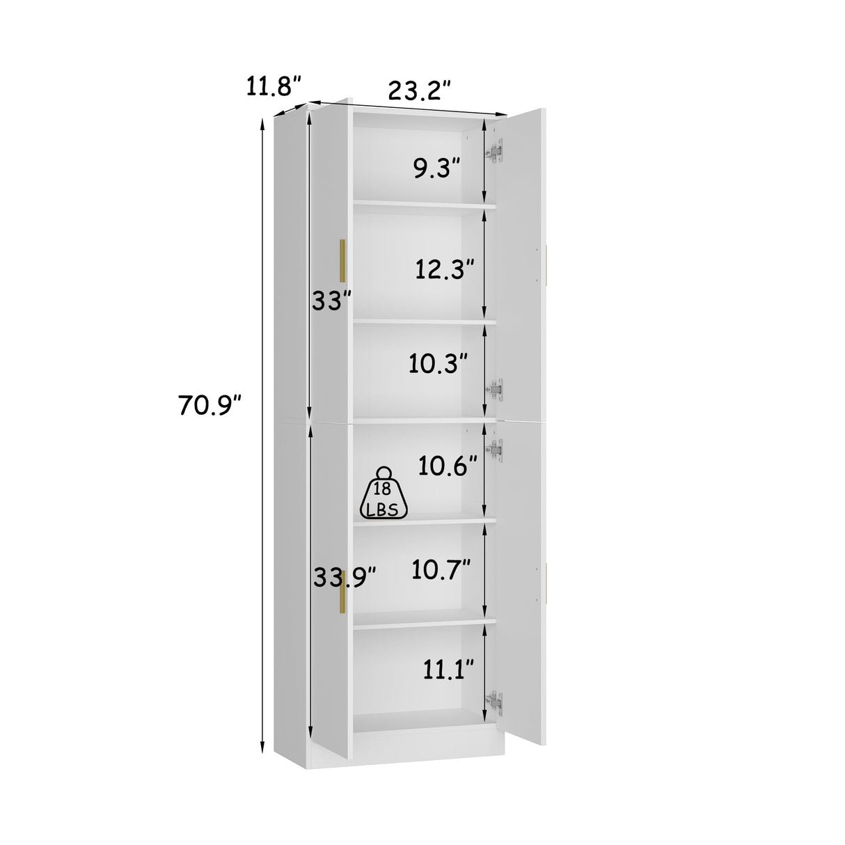 AGOTENI 6-Tier Storage Cabinet with Adjustable Shelves, Wooden Kitchen Pantry Freestanding Cupboard with 4 Doors for Living Room Kitchen Garage, White, 11.8" D x 23.2" W x 70.9" H AGOTENI