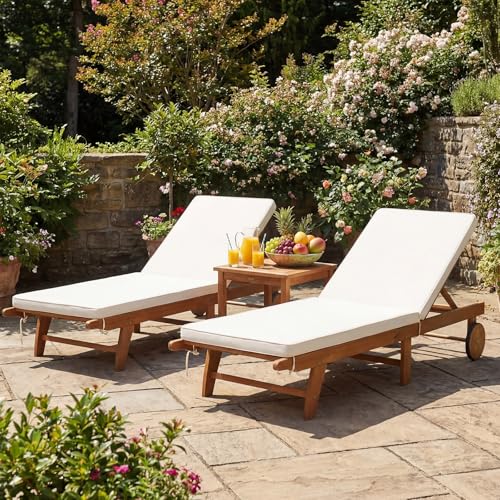 Tangkula Folding Lounge Chair Outdoor, Patio Eucalyptus Wood Chaise Lounge with 5-Level Adjustable Backrest & Cushions, Portable Beach Pool Sunbathing Recliner with Wheels for Outside (1,Off White)