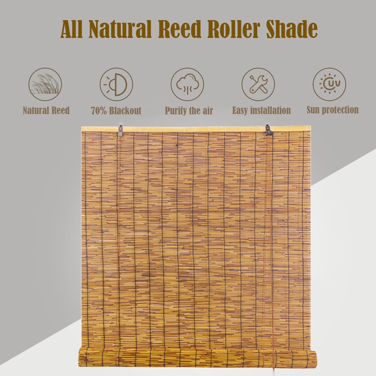 Outdoor Bamboo Shades for Patio, Bamboo Window Blind Roll Up Waterproof Woven Reed Roller Shades Natural Blackout Curtains Cordless With Lifter, 24" 32" 36" 48" 55" 62" 76" Width(66"W x 48"H) KAKVSRBPER