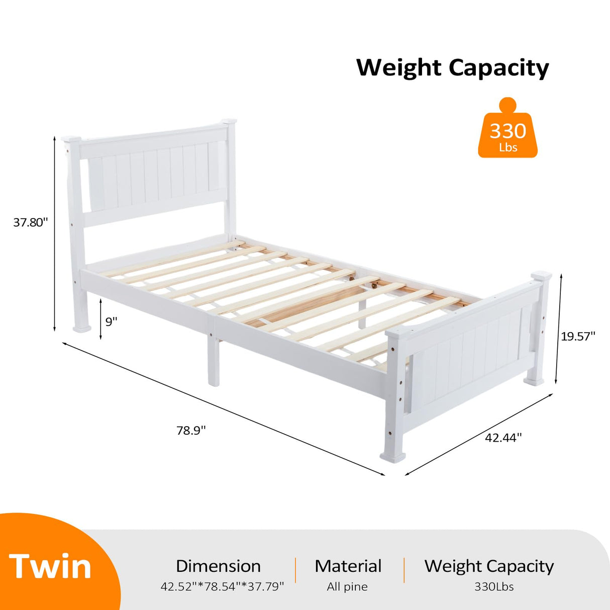 Bonnlo Twin Size Solid Wood Platform Bed Frame, Single Bed with Headboard, No Box Spring Needed Panel Bed, Wood Slat Support Mattress Foundation, White Bonnlo