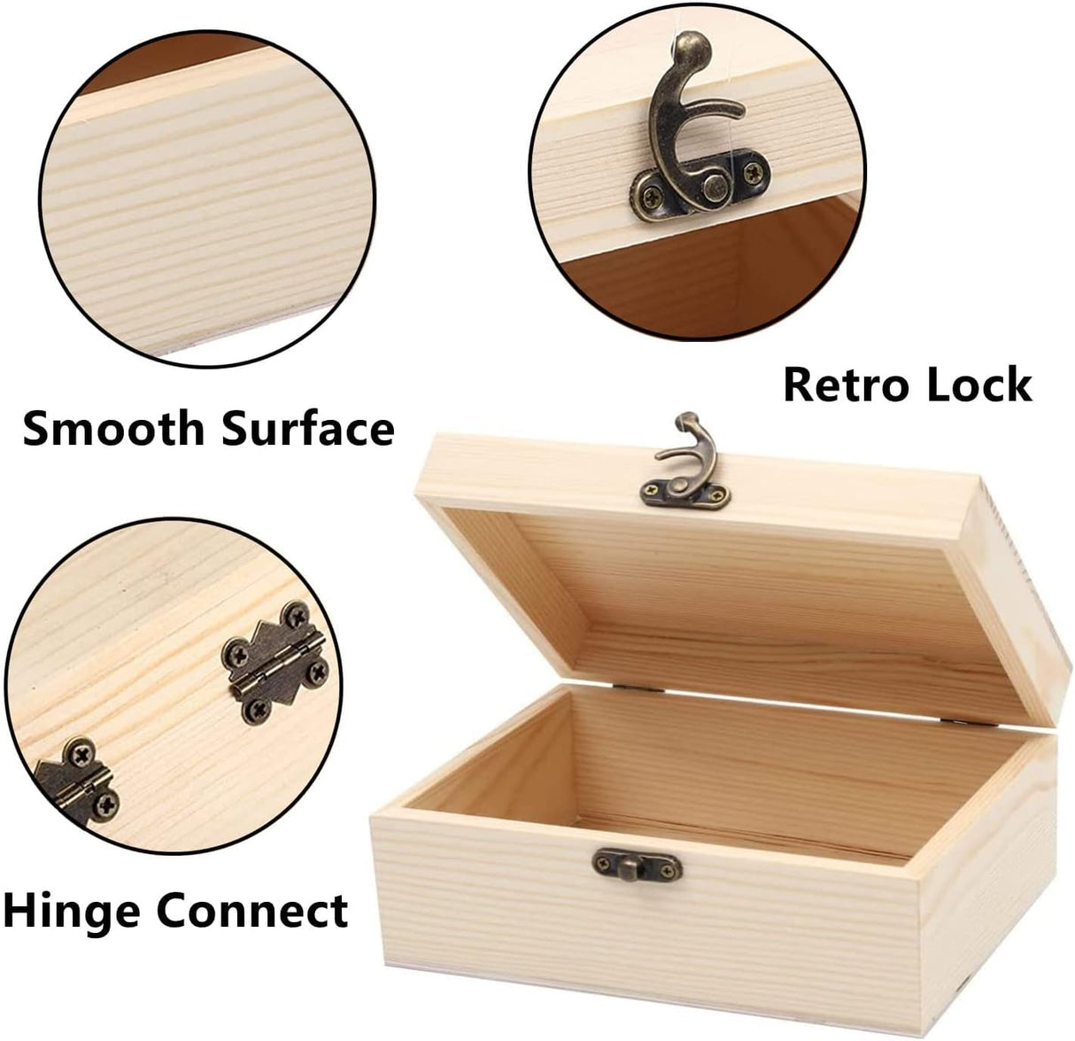 RHBLME 10 PACK Wooden Box with Hinged Lid, Unfinished Unpainted Wooden Boxes for Crafts, Large Wooden Box Unfinished Wood Box for DIY Storage Jewelry Plain Pine Box RHBLME