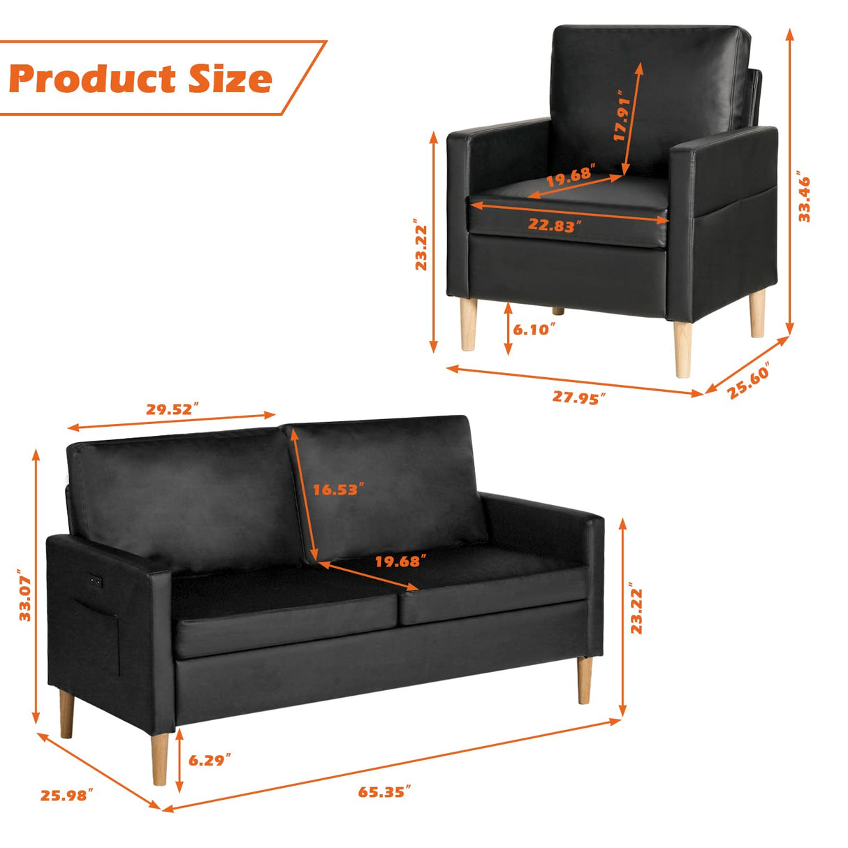 AILEEKISS Mid-Century Sectional Sofa Sets 3 Pieces Faux Leather Loveseat Couches with 2 USB Living Room Furniture Accent Arm Chairs for Small Space, Apartment, Office (1-Seater+1-Seater+3-Seater) AILEEKISS