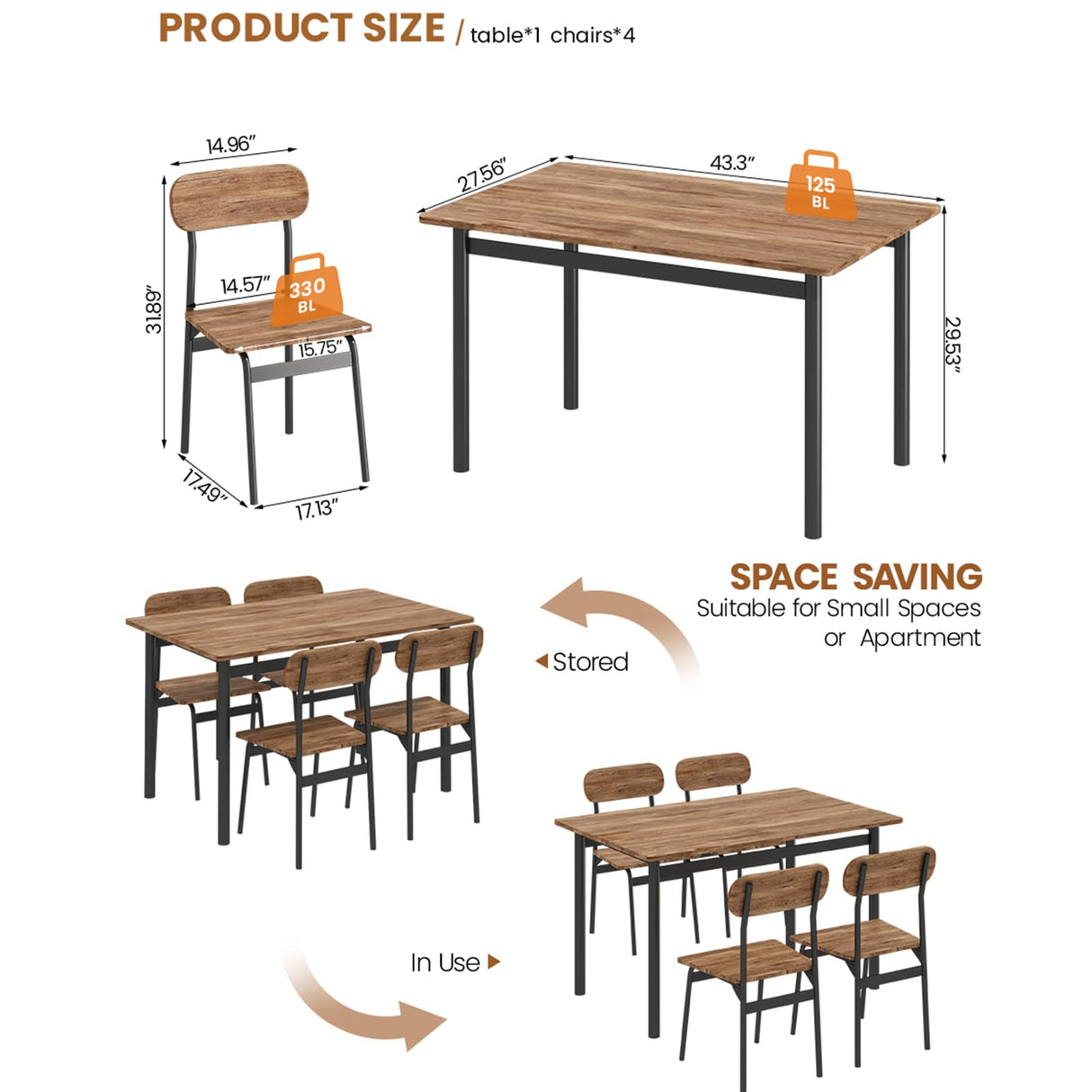 furlinkhm Kitchen Dining Table Set for 4, Modern Rectangular 5 Piece Dining Room Table and Chairs Set, Brown Wooden Metal Table Set for Family Dinner, Party, Afternoon Tea and Work (Oval) furlinkhm