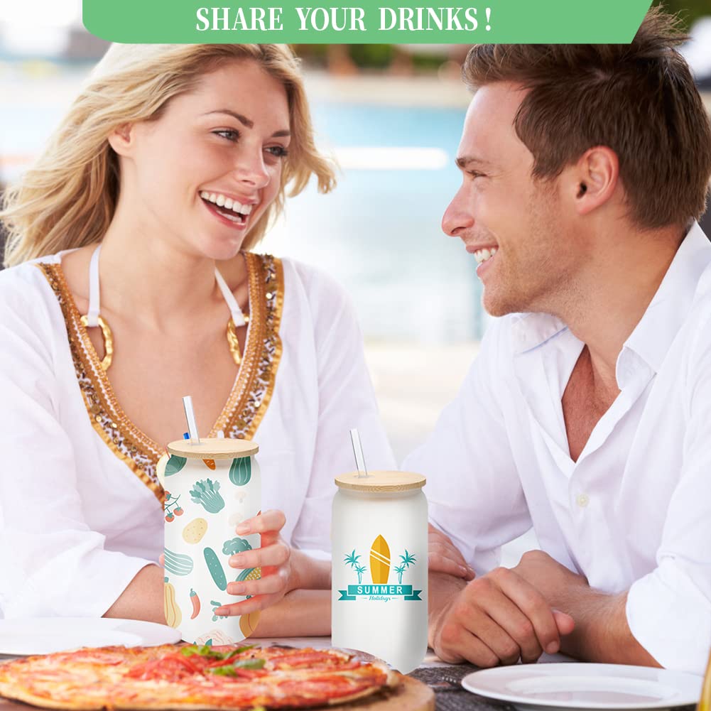 YOUKE OLA 20 Pack Sublimation Blank Beer Glass Cup Can Shaped Frosted with Bamboo Lids Borosilicate Glasses Tumbler Mason Jar Cups Mug with Glass Straw for Beer, Juice, Soda, Iced Coffee, Drinks 16oz YOUKE OLA