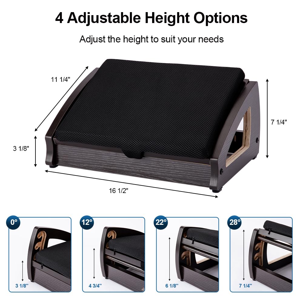 StrongTek Wood Ergonomic Footrest - 4-Angle Adjustable Foot Stool for Desk, Office Footrest, Anti-Slip Foot Stand for Under Desk, Enhances Posture, Promotes Blood Circulation, Easy Assembly (Espresso) StrongTek