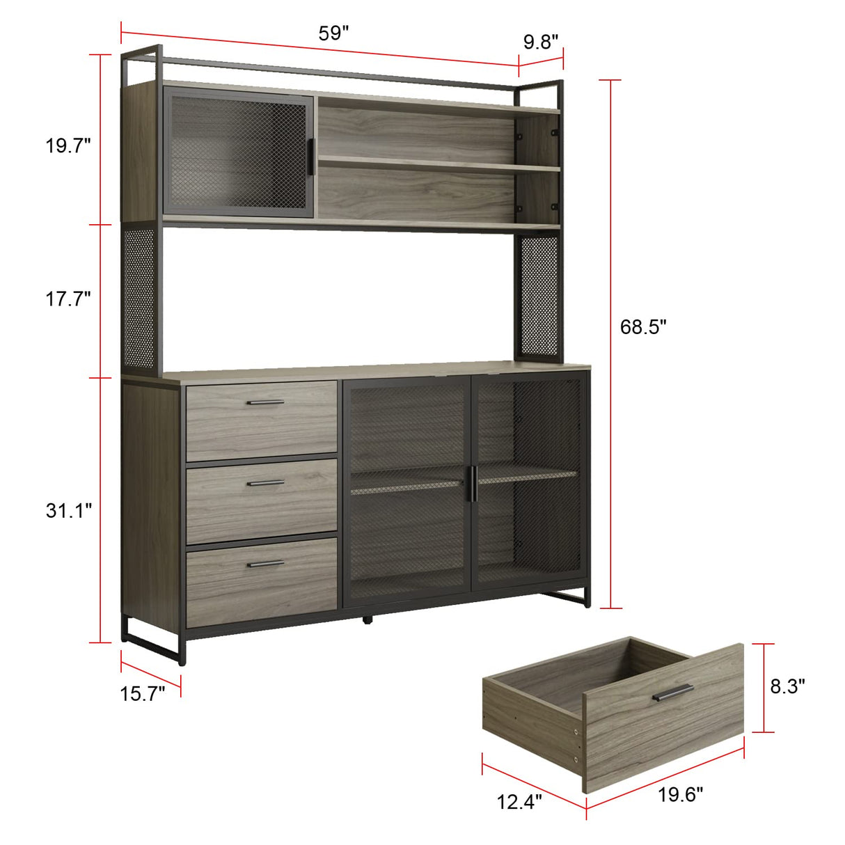 ECACAD Walnut Modern Wood Sideboard Buffet with Hutch, Metal Mesh Doors, and Ample Storage Compartment ECACAD