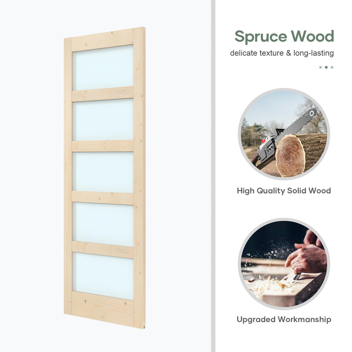 ROYMELO 30x84 inch Glass Sliding Barn Door Slab with 5ft Hardware Kit Included, 5-Panel Frosted Glass, Spruce Wood Support DIY Dyeing, Easy Assembly ROYMELO