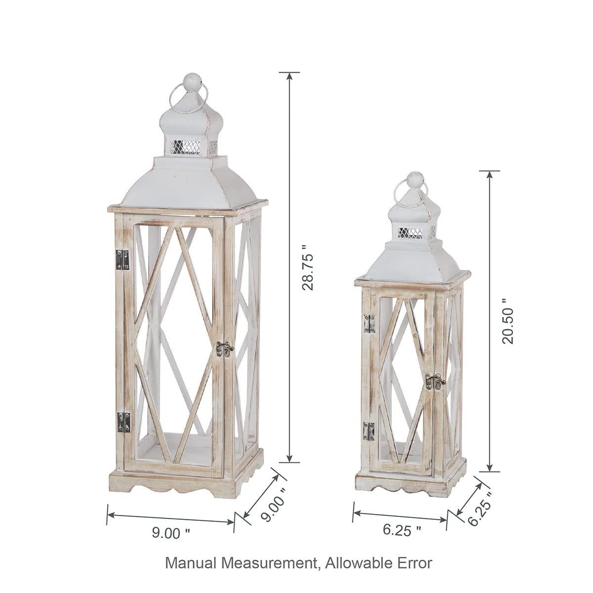 Glitzhome Farmhouse White Wood Metal Lanterns Decorative Hanging Candle Lanterns Set of 2 Glitzhome