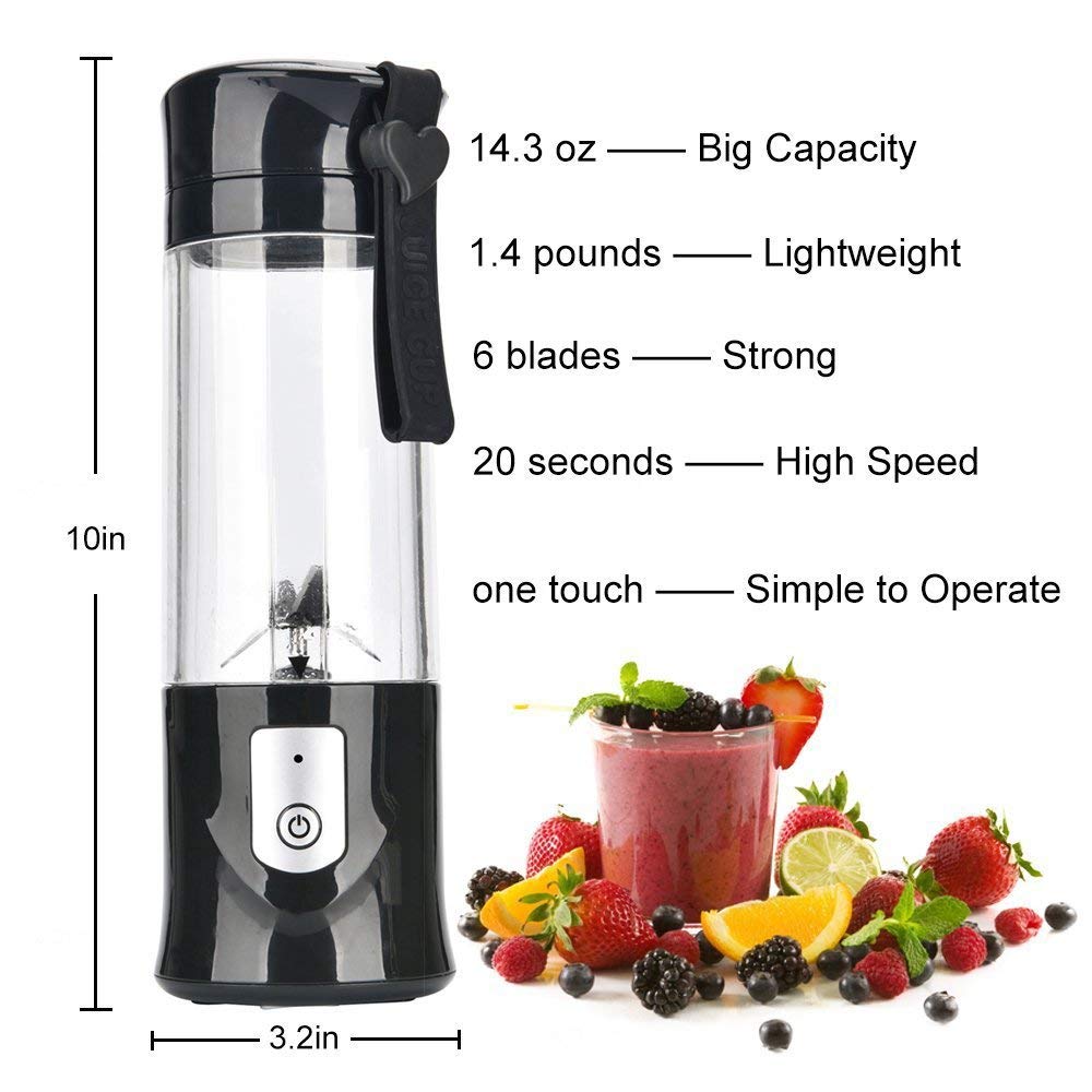 Portable Blender,Toycol Mini Personal Size Blenders for Smoothies and Shakes,USB Travel Juicer Cup Fruit Juice Mixer with 6 Updated Blades,usb Blender 13.5Oz Bottle (Black) Toycol