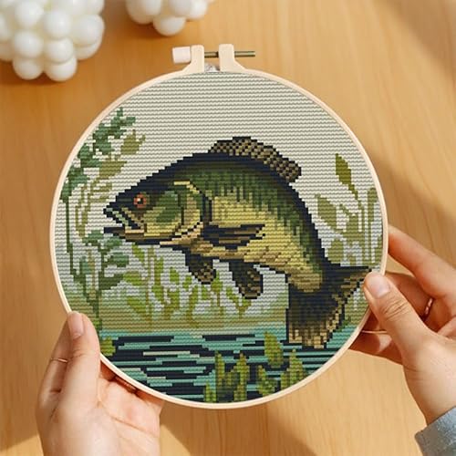 Bass Fish DIY Stamped Cross Stitch Kits for Beginners Easy with Hoop 11CT Needlepoint Embroidery Counted Cross Stitch Kits Art Craft Wall Decor and Gift 35x35cm(2)
