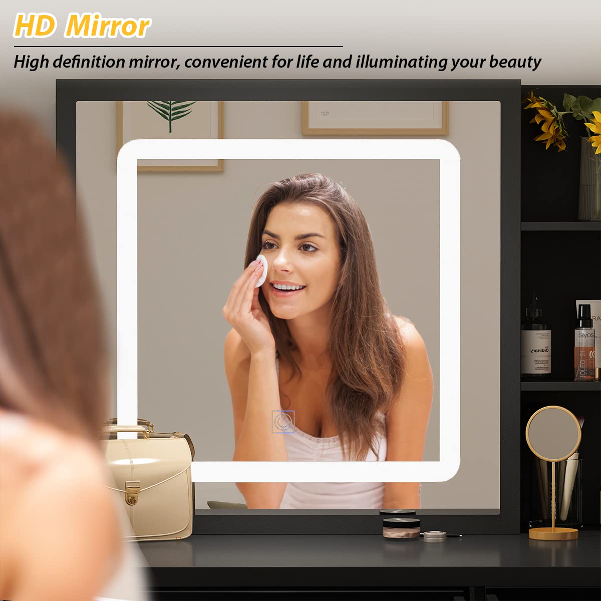 AIEGLE Vanity Desk Set with Lighted Sliding Mirror, 3 Colors LED, Makeup Drawer Dressing Table with Hidden Shelves & Cushioned Stool, Black AIEGLE