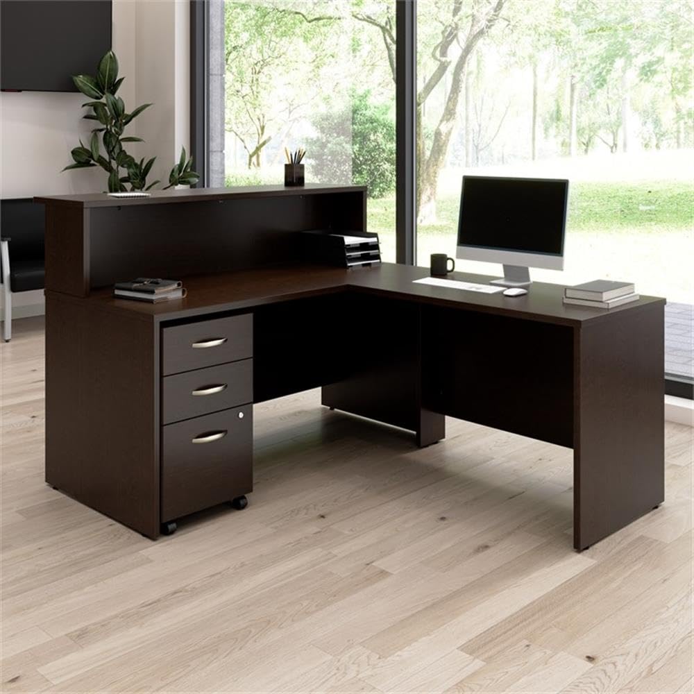 Bush Business Furniture Arrive 60W x 72D L Shaped Reception Desk with Shelf and Mobile File Cabinet in Mocha Cherry Bush Furniture