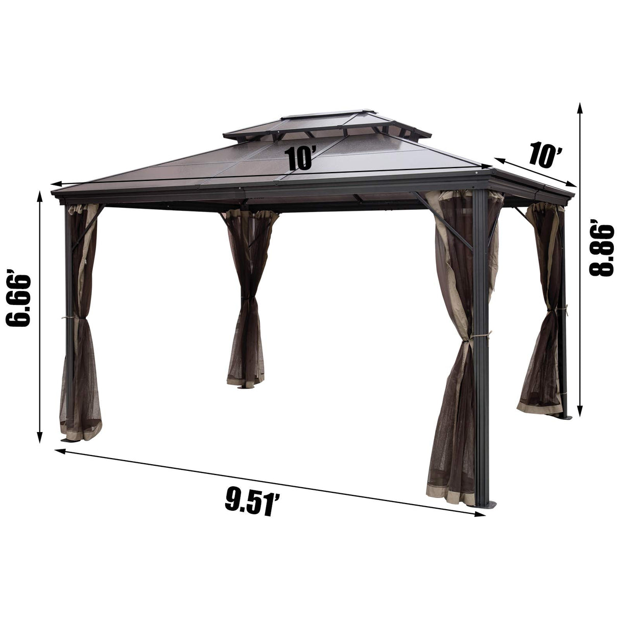 Happybuy Polycarbonate Hardtop Roof Gazebo 10' x 10' with Netting - Metal Gazebo Aluminum Permanent Double Tier Roof- Gazebos for Patios, Backyard, Outdoor and Lawn Happybuy