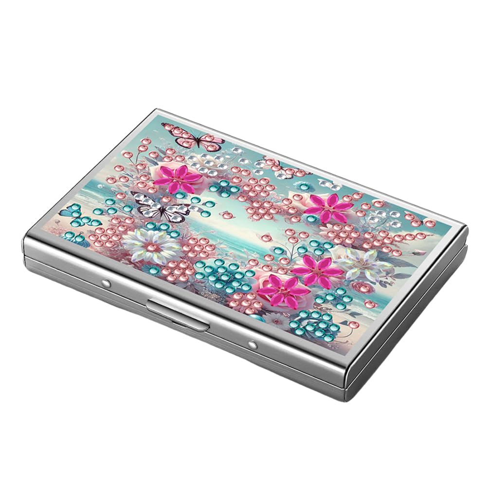 Stainless Steel Diamond Art Card Holder for Adults, Heart Flower Design 9.5x6.5cm Anti-demagnetization Credit Card Wallet with Zipper WoodArtSupply