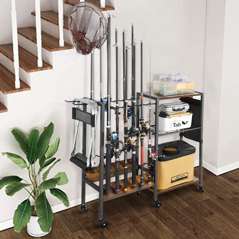 Olakee Fishing Rod Holders for Garage - Fishing Pole Holders up to 12 Rods, Fishing Gear Equipment Organizers Rod Tackle Cart for Home Entryway Corner Olakee