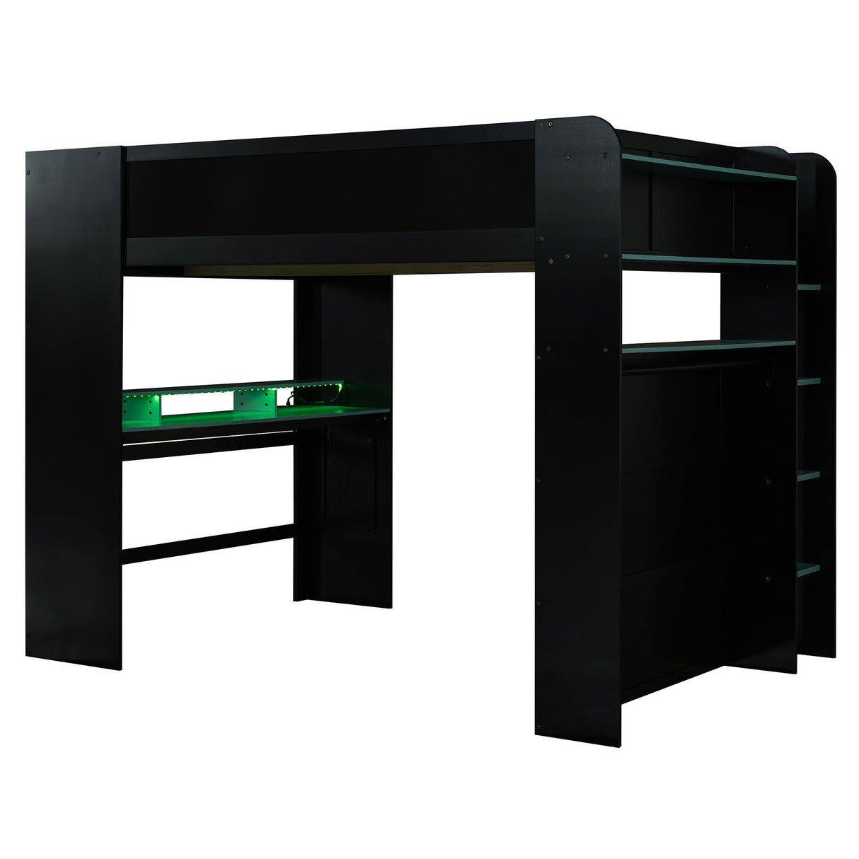 Bellemave Full Loft Bed with Height-Adjustable Desk,Wardrobe,Ample Storage Space,and RGB Light, Gaming loft Bed with Desk, Black+Blue Bellemave