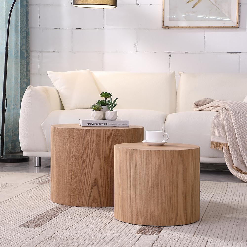 WILLIAMSPACE 18.9" Round Nesting Coffee Table Set of 2, Modern Wooden Coffee Tables Circle Side Table for Small Space, Accent End Table Set, No Assembling, Matte Oak WILLIAMSPACE