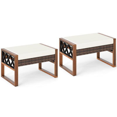 RELAX4LIFE Wicker Outdoor Ottomans for Patio - Set of 2 Rattan Outside Footstool w/Removable Cushion, Wood & Metal Frame, 3-in-1 Foot Rest, Extra Seating & Side Tables for Porch Backyard Poolside