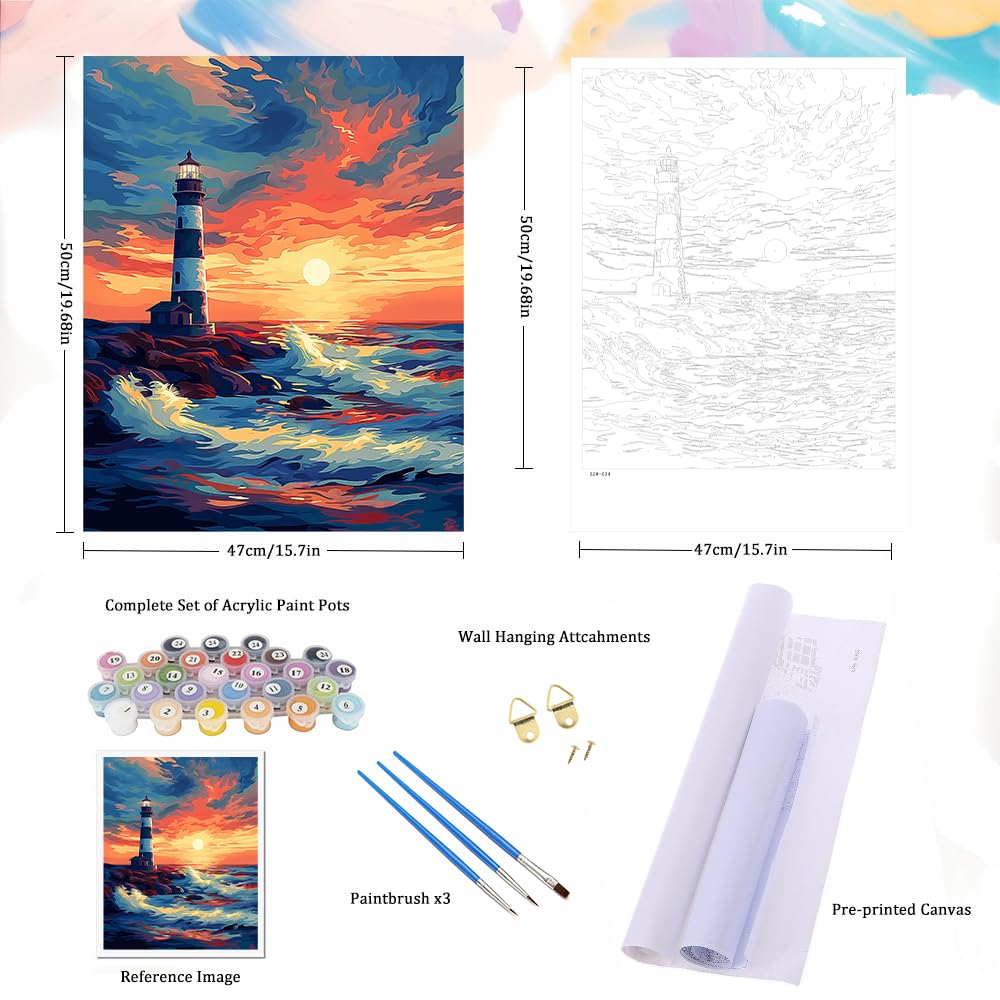 Natuyalo Paint by Numbers for Adults Beginner, Lighthouse Acrylic Easy Paint by Numbers Kits Sunset Seascape Craft Kits for Adults Suitable for Home Wall Decoration Flameless 16x20 Inch Natuyalo