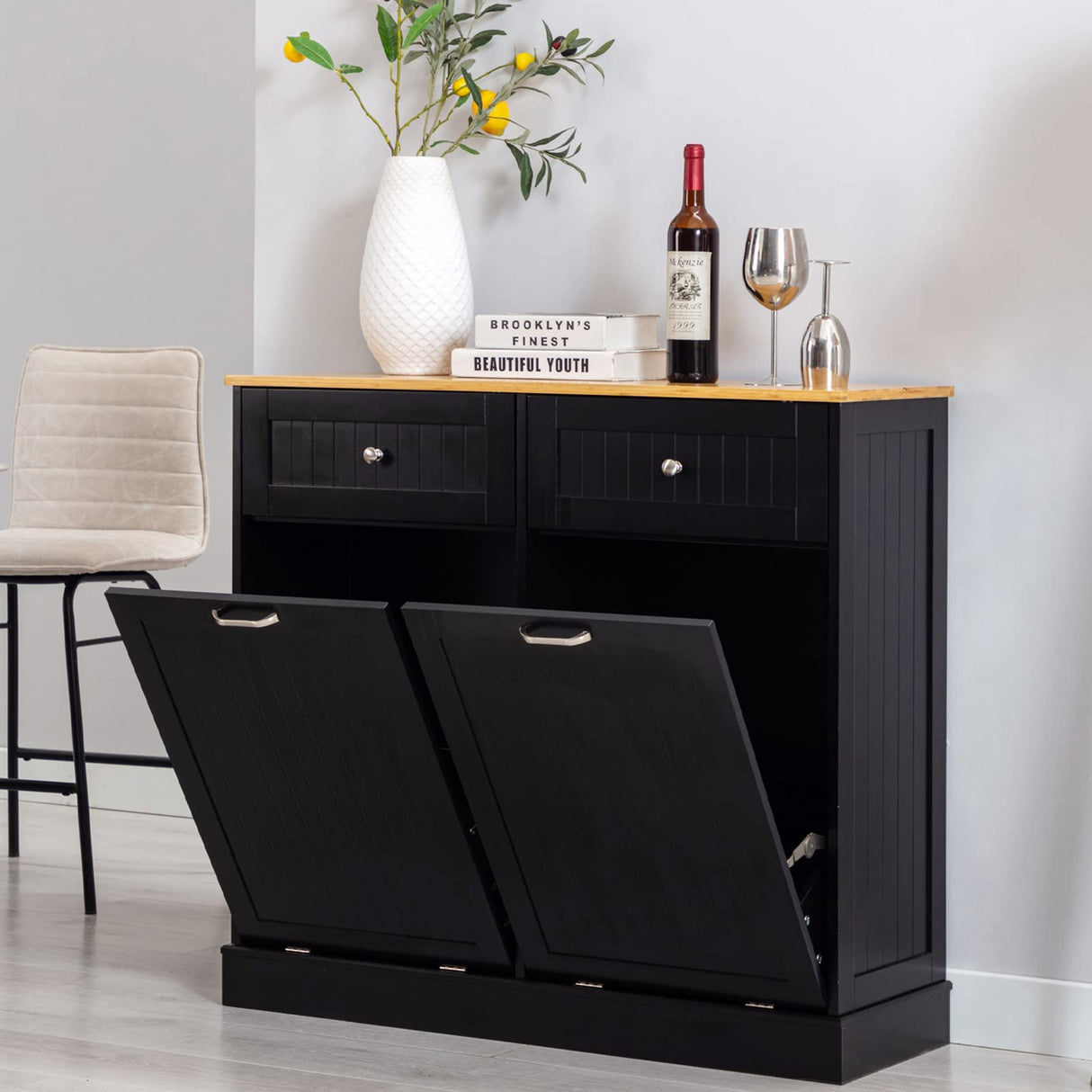 Double Tilt Out Trash Cabinet 20 Gallon, Freestanding Wooden Kitchen Trash Recycling Cabinet with Drawer & Removable Cutting Board, Dog Proof Trash Can Cabinet, Black Gitua