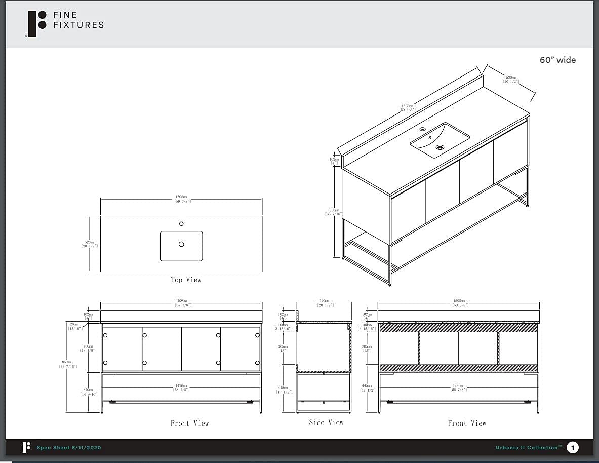 Fine Fixtures 60 Inch Bathroom Vanity with Sink - Modern Knob Free Design, Elegant Space-Saving Solution for Your Bathroom - Durable, Bathroom Vanities for a Contemporary Look - Urbania Collection Fine Fixtures