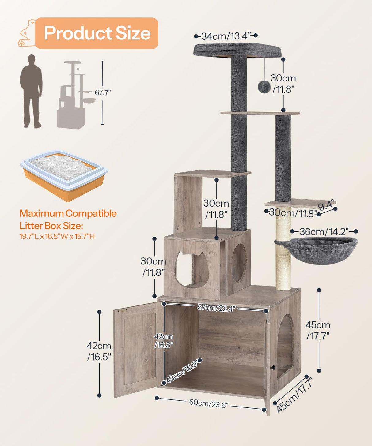 HOOBRO Cat Tree with Litter Box Enclosure, 67.7" H Wooden Multifunctional Pet Furniture with Hidden Litter Box, Perch, Hammock and Scratching Post, Cat Tower for Indoor Cats, Greige BG75MZ03 HOOBRO