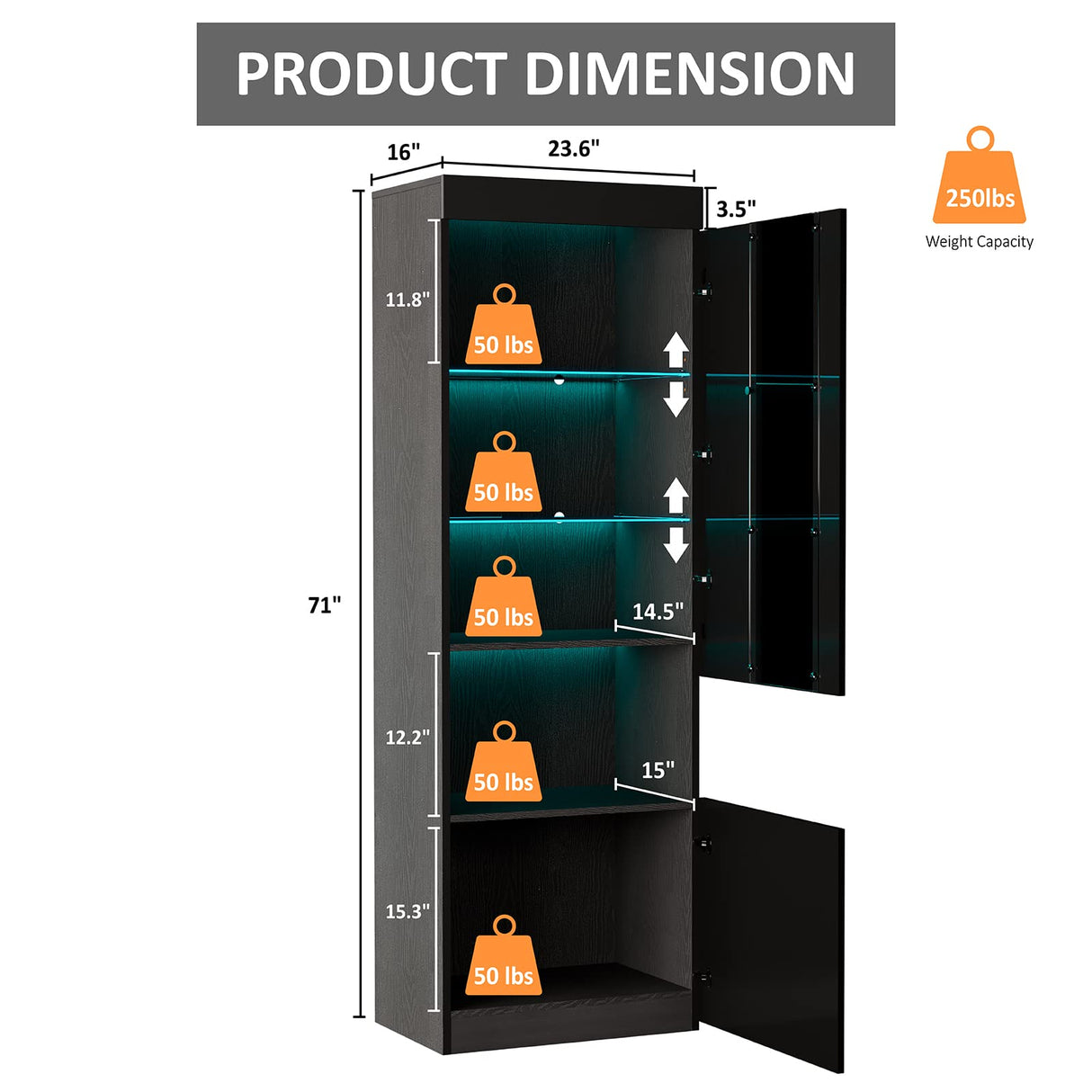 AMERLIFE Modern 71in Tall LED Bookcase Storage Cabinet with Glass Doors - Set of 2 AMERLIFE