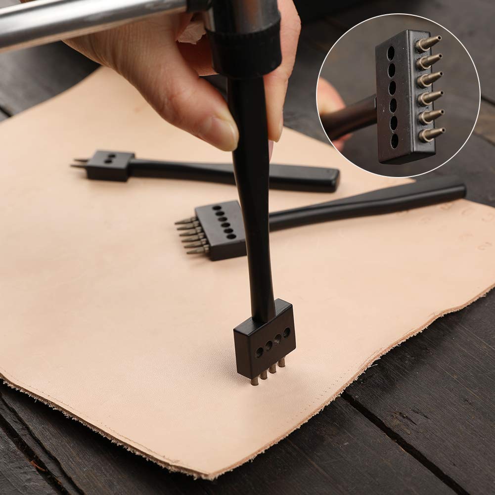 DIUDUS Leather Hole Punch, Prong Punch, Black Hole Punch Tool 5mm, 2/4/6 Lacing Stitching Punch, Round Hole Prong Stitching Chisel Set Leather Working Tools for Leathercraft DIUDUS