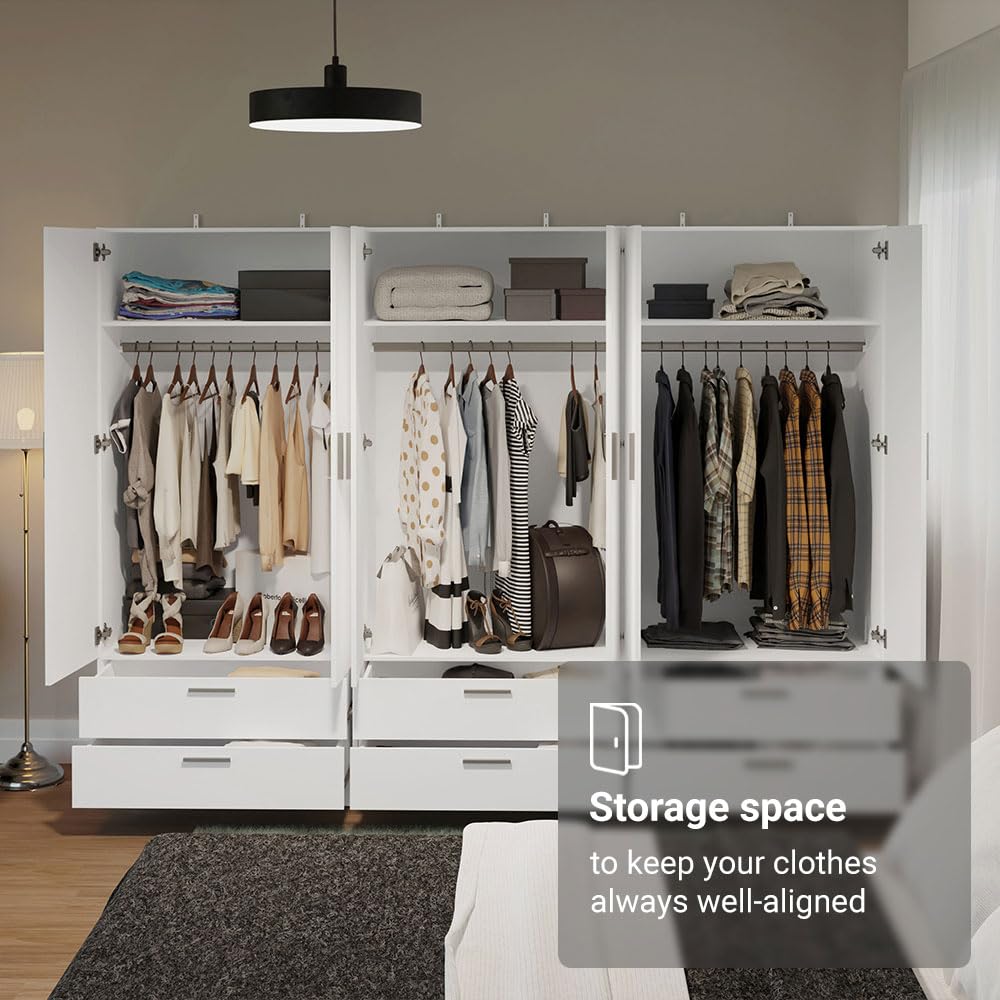 Madesa 6 Doors 6 Drawers Storage Cabinet Wardrobe with Shelves and Hanging Space 94" L Wooden Armoire Closet Organization Unit for Bedroom and Office (White) Madesa