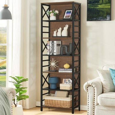 HOMBAZAAR 7 Tier Bookshelf, 78 Inch Tall Rustic Bookshelf with Metal Frame, Industrial Heavy Duty Bookshelves and Bookcases, Open Book Shelf for Office, Living Room and Library, Brown