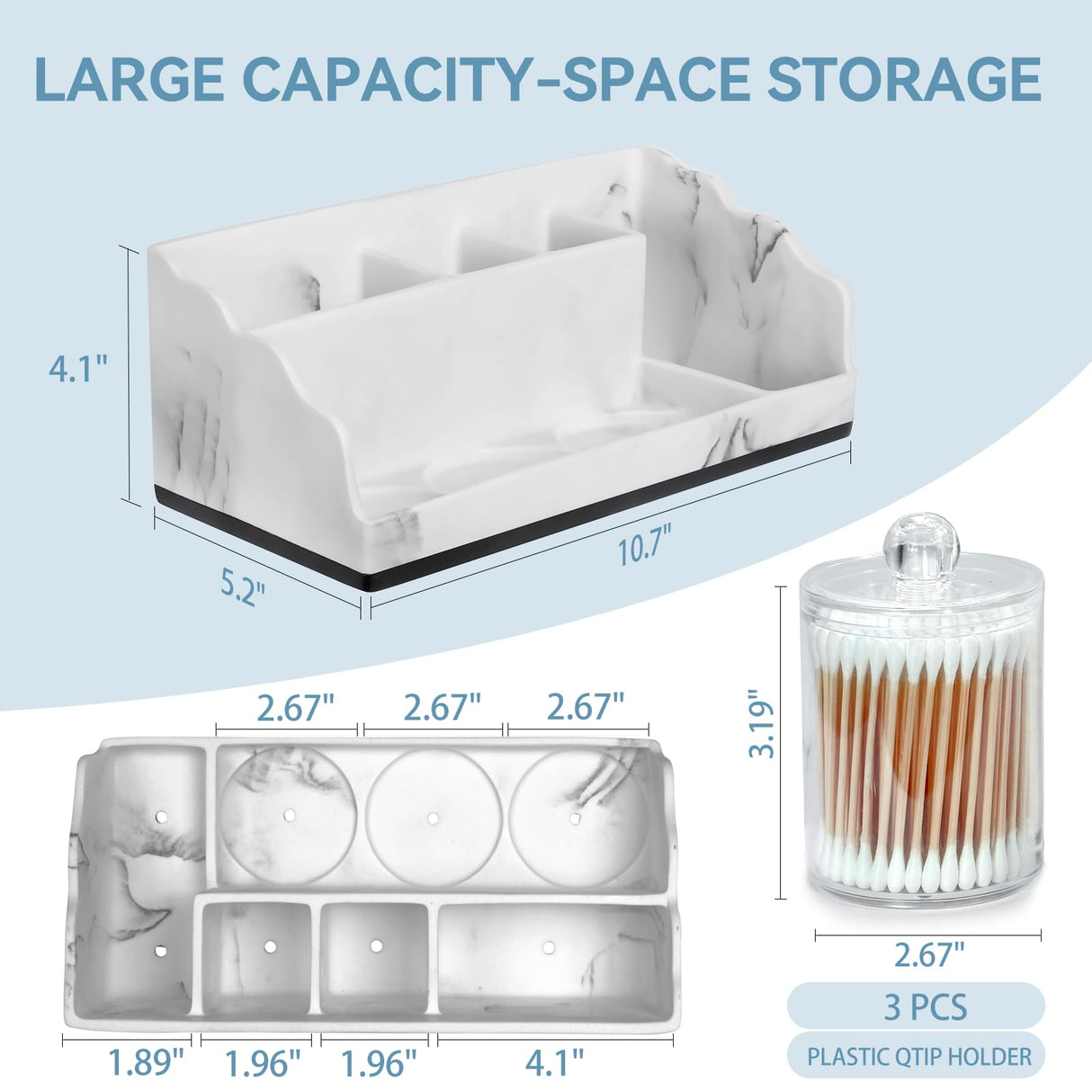 TuCao Marble Bathroom Countertop Organizer, Toothbrush Holders for Bathroom with 3PCS Qtip Holder Dispenser and Toothpaste Holder Drainage for Bathroom Accessories Organization Counter Vanity Storage TuCao