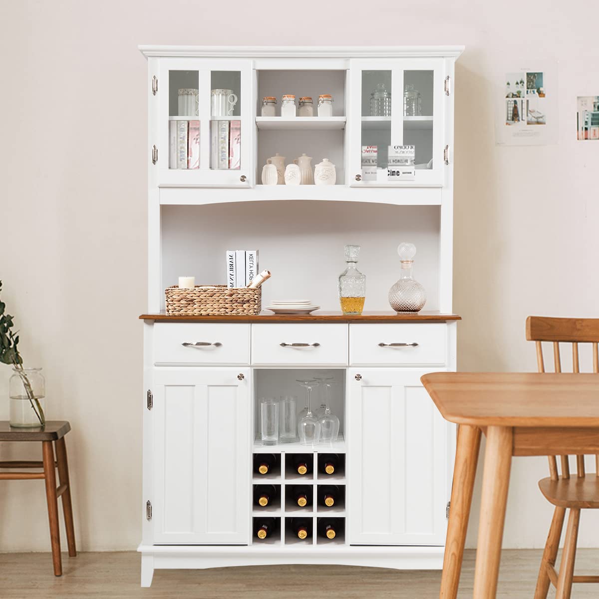 COSTWAY Kitchen Hutch Storage Cabinet, Freestanding Pantry Buffet Sideboard, Modern Buffet Cupboard w/Wine Rack, Adjustable Shelves, Tempered Glass Cabinets, Drawers, Microwave Stand (White) COSTWAY