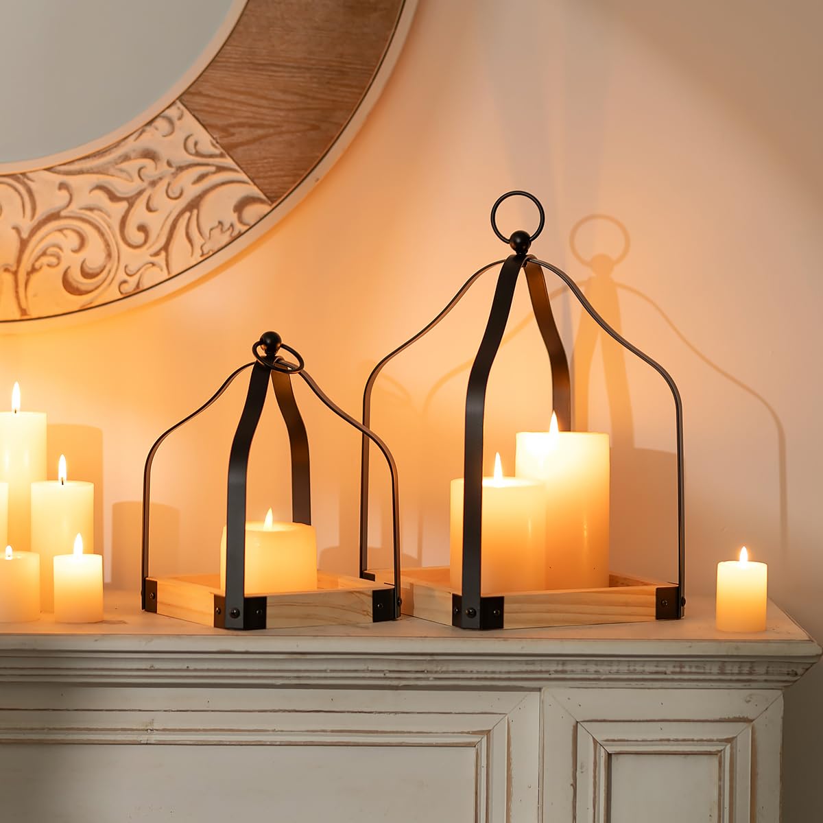 Romadedi Farmhouse Candle Lantern Decorative: Set of 2 Rustic Wood Candle Holder for Home Decor Living Dining Room Kitchen Fireplace Mantle Decorations Christmas Table Centerpiece Romadedi