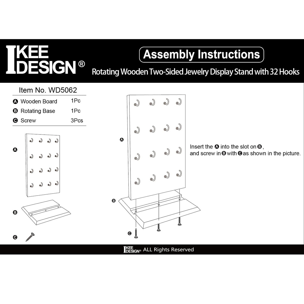 Ikee Design Wooden Rotating Two-Sided Jewelry Display Stand, Rotating Organizer with 32 Hooks for Store, Earring Keychain Display with Hooks, Brown color, 9 W x 7.5 D x 16.5 H in Ikee Design