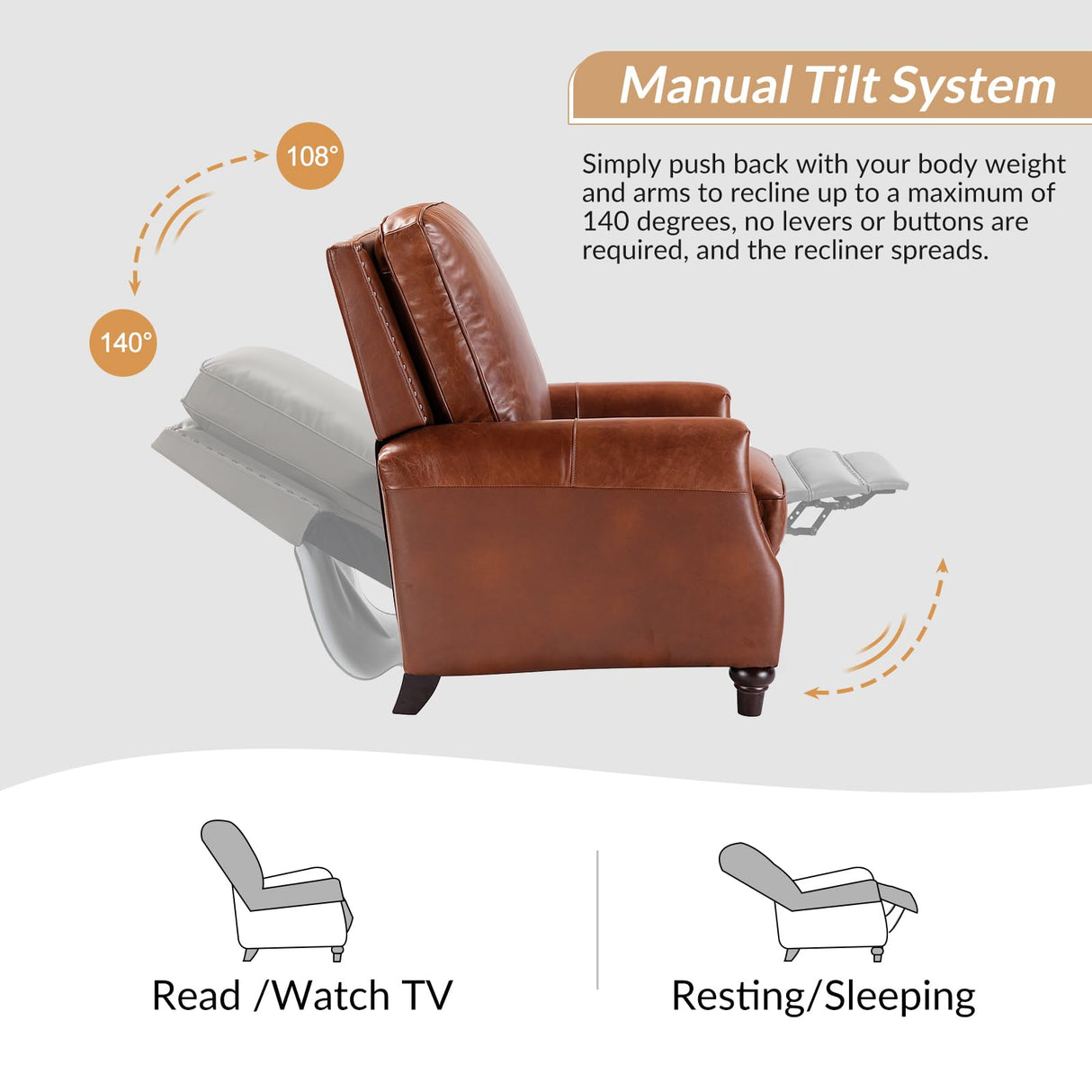 HULALA HOME Genuine Leather Recliner Chair, Classic Push Back Recliner Armchair with Thick Seat and Backrest (Saddle) HULALA HOME