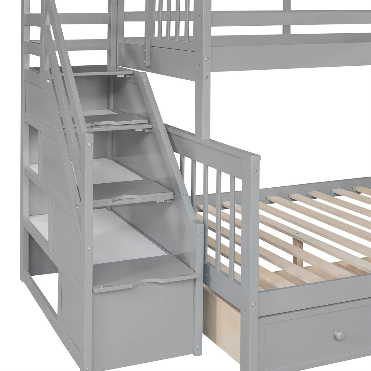 Bellemave L-Shape Triple Bunk Beds with Stairs and Storage Drawers Twin Over Full Bunk Bed Attached a Loft Bed with Drawers Wood Corner Bunked for 3 Kids Boys Girls Teens, Gray Bellemave